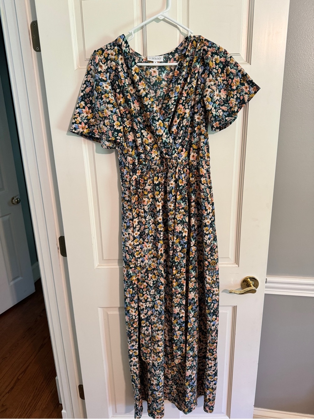 Luxology Dark Green Floral Maxi Dress with Pink and Yellow Blossoms
